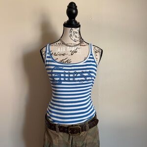 Guess blue stripe y2k ribbed tank top with rhinestones